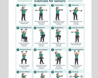 Dumbbell Exercises for Seniors Printable | Senior Strength Workout | Balance & Stability Exercise Chart | Low Impact Full Body Workout PDF
