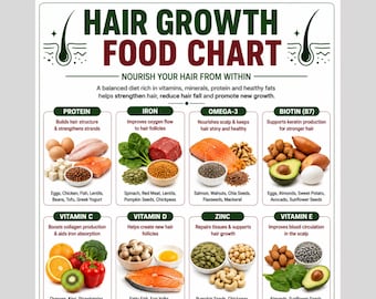 Hair Growth Food Chart Printable | Foods for Hair Growth PDF | Biotin Rich Foods List | Eat Limit Avoid Guide | Hair Health Wellness