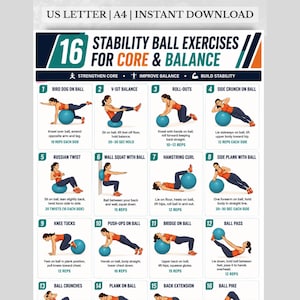 Könnte beinhalten: Ein digitales Übungsplakat mit dem Titel 16 Stability Ball Exercises for Core & Balance, das Illustrationen von Übungen mit einem blauen Gymnastikball zeigt. Der Text enthält Angaben zu US Letter und A4 Formaten sowie Übungsanleitungen.