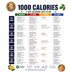 1000 kalorier extrem dietplan | Dietist Lågkaloridietplanerare för viktminskning Måltidsförberedelser | 7-dagars hälsosamma recept måltidsplan utskrivbar