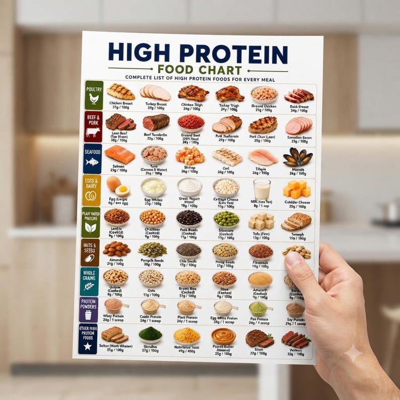 May include: A white informational chart titled High Protein Food Chart with a grid of various food items categorized by poultry, beef, pork, seafood, dairy, legumes, nuts, seeds, grains, and powders, each labeled with protein content per 100g.
