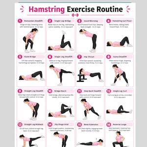 Puede incluir: Un póster instructivo blanco titulado Hamstring Exercise Routine que presenta dieciséis ilustraciones numeradas de una persona con camiseta rosa y leggings negros realizando varios ejercicios con texto descriptivo para cada movimiento.