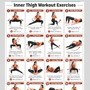 Puede incluir: Un póster instructivo blanco titulado Inner Thigh Workout Exercises con dieciséis paneles numerados. Cada panel muestra a una persona con ropa deportiva marrón realizando un ejercicio específico con instrucciones y conteo de repeticiones.