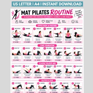 May include: A digital mat pilates routine chart featuring 28 equipment-free exercises organised into categories including upper body, core foundation, and glutes. The white poster displays pink text, numbered illustrations of poses, and repetition counts.