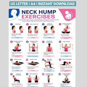 May include: A digital instructional poster titled Neck Hump Exercises featuring 16 numbered illustrations of a person in a pink top performing various stretches and movements to improve posture, with text descriptions and repetition counts for each exercise.
