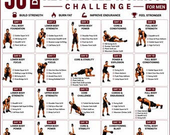 Reto de entrenamiento con pesas rusas de 30 días, rutina de ejercicios para todo el cuerpo: piernas, brazos, abdomen, planificador de entrenamiento en casa.