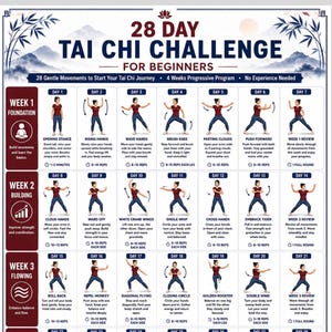 Pode incluir: Um gráfico de desafio de Tai Chi de 28 dias para iniciantes com uma grade de ilustrações mostrando movimentos diários. O pôster inclui etiquetas de texto para cada dia, como Opening Stance e Rising Hands, com instruções e contagens de repetições.