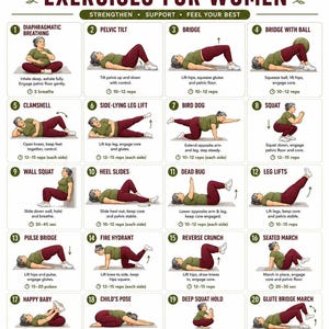 May include: An instructional chart titled Pelvic Floor & Core Exercises for Women featuring twenty numbered illustrations of a person in a green shirt and maroon leggings performing various fitness movements with descriptive text and repetition counts.