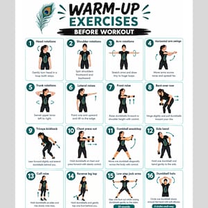 Op de afbeelding: Een witte instructieposter met de titel WARM-UP EXERCISES BEFORE WORKOUT en een pauwenveer-icoon. Het toont zestien genummerde illustraties van een persoon in een zwart shirt die diverse bewegingen uitvoert met en zonder dumbbells.