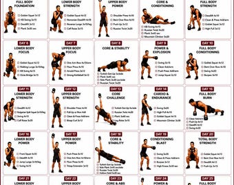 30 Tage Kettlebell Workout Challenge, Ganzkörper Trainingsprogramm für Beine, Arme, Kern, Heimfitnessplaner, Kraft- und Konditionstraining PDF
