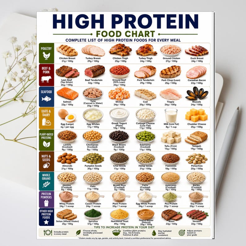 May include: A rectangular High Protein Food Chart poster featuring categorized food groups like poultry, beef, pork, seafood, eggs, dairy, plant-based proteins, nuts, seeds, grains, and powders, with specific protein content listed per 100 grams.