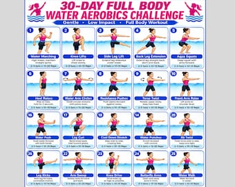 30 Day Water Aerobics Challenge Printable | Aqua Fitness Workout Chart | Pool Exercise Plan | Full Body Water Workout Poster