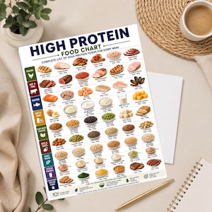 May include: A white rectangular high protein food chart with dark blue text and colorful category icons. The chart displays various food items categorized by poultry, beef, pork, seafood, dairy, plant-based proteins, nuts, seeds, grains, and powders.