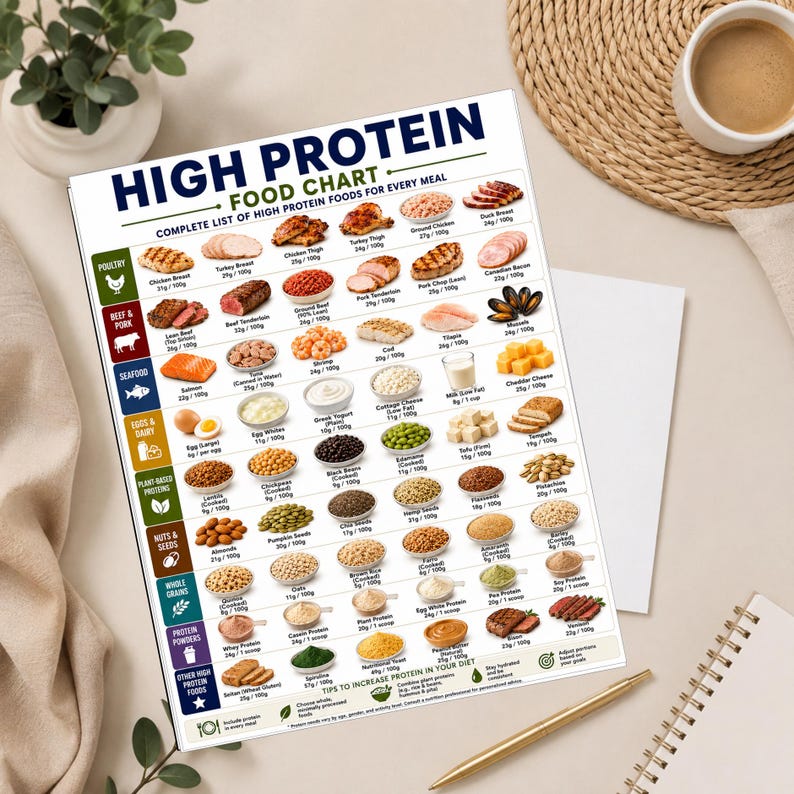 May include: A white rectangular high protein food chart with dark blue text and colorful category icons. The chart displays various food items categorized by poultry, beef, pork, seafood, dairy, plant-based proteins, nuts, seeds, grains, and powders.