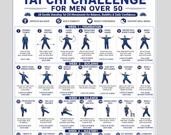 28 Day Standing Tai Chi Challenge for Men Over 50 | Printable Workout Calendar PDF | Gentle Balance Stability Program