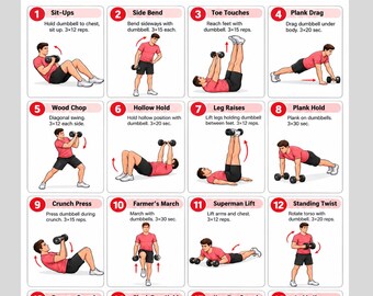 Dumbbell Core & Abs Workout for Men, Ab Exercises Poster, Core Workout Chart, Home Gym Printable, Fitness Wall Art, Digital Download