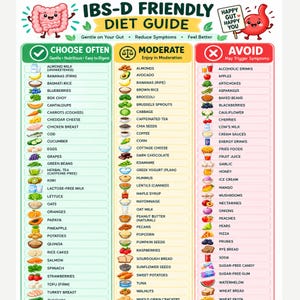Puede incluir: Una guía dietética para el SII-D con tres columnas codificadas por colores: verde para alimentos recomendados, amarillo para consumo moderado y rojo para alimentos a evitar, acompañada de ilustraciones de diversos productos.