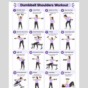 Puede incluir: Un póster instructivo blanco titulado Dumbbell Shoulders Workout que presenta dieciséis ilustraciones numeradas de una persona con camiseta morada y leggings negros realizando varios ejercicios de hombros con mancuernas, incluyendo prensas y elevaciones.