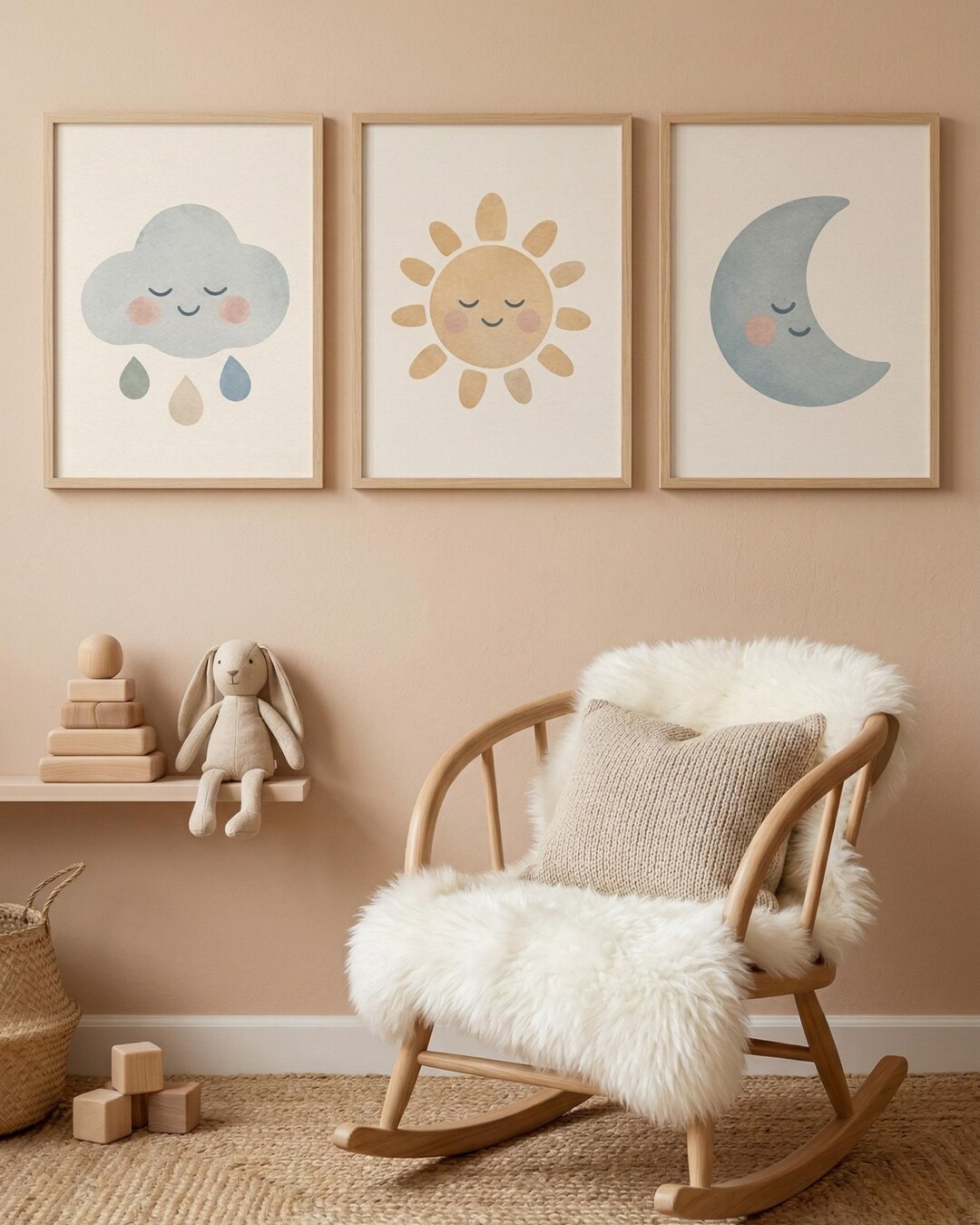 Pastel Celestial Nursery Wall Art Set of 3, Dusty Blue Sun Moon Cloud ...
