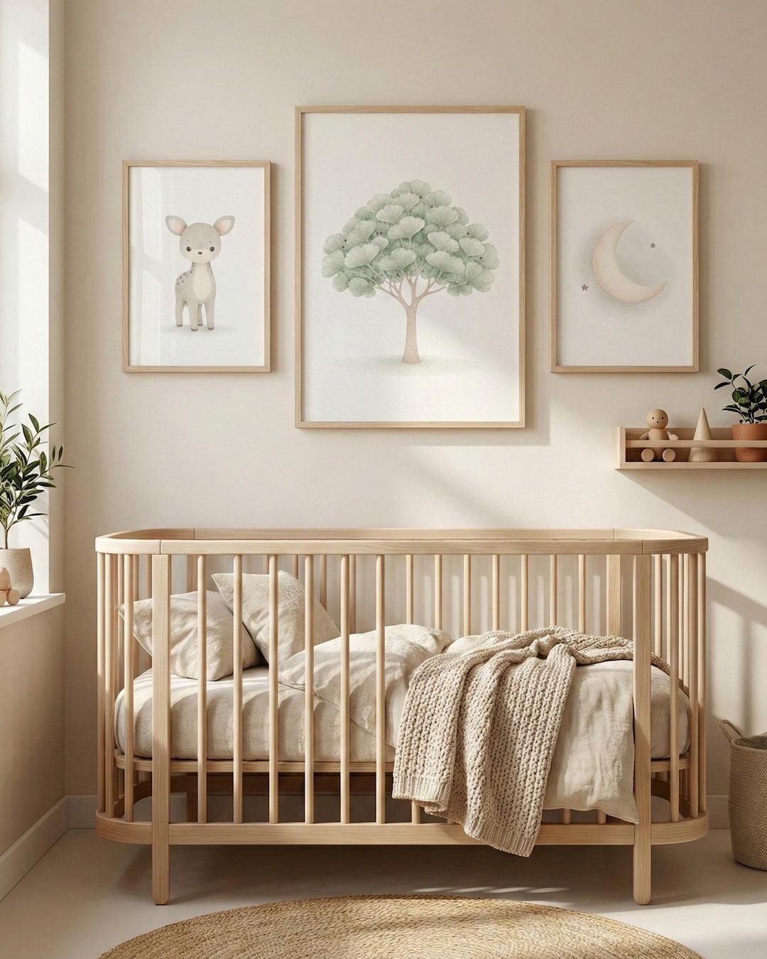 Woodland Nursery Wall Art Set of 3, Neutral Baby Deer Print, Moon and ...
