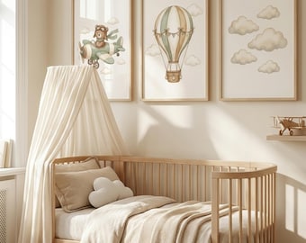 Teddybär-Kinderzimmer-Deko-Set (3-teilig) Aquarell-Wandbild Flugzeug Heißluftballon Wolkenposter Salbeigrün Babyzimmer Jungen Digitaler Download