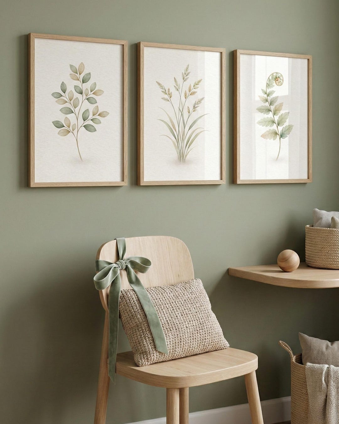 Botanical Wall Art Set of 3, Sage Green Boho Nursery Decor, Watercolor ...