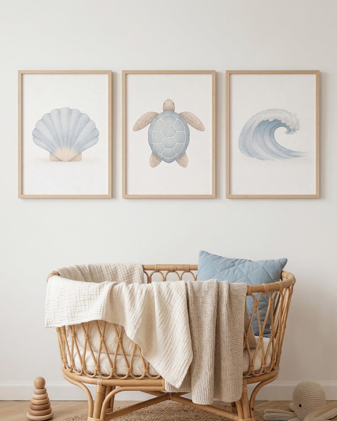 Ocean Nursery Wall Art Set of 3, Dusty Blue Sea Turtle Shell Wave ...