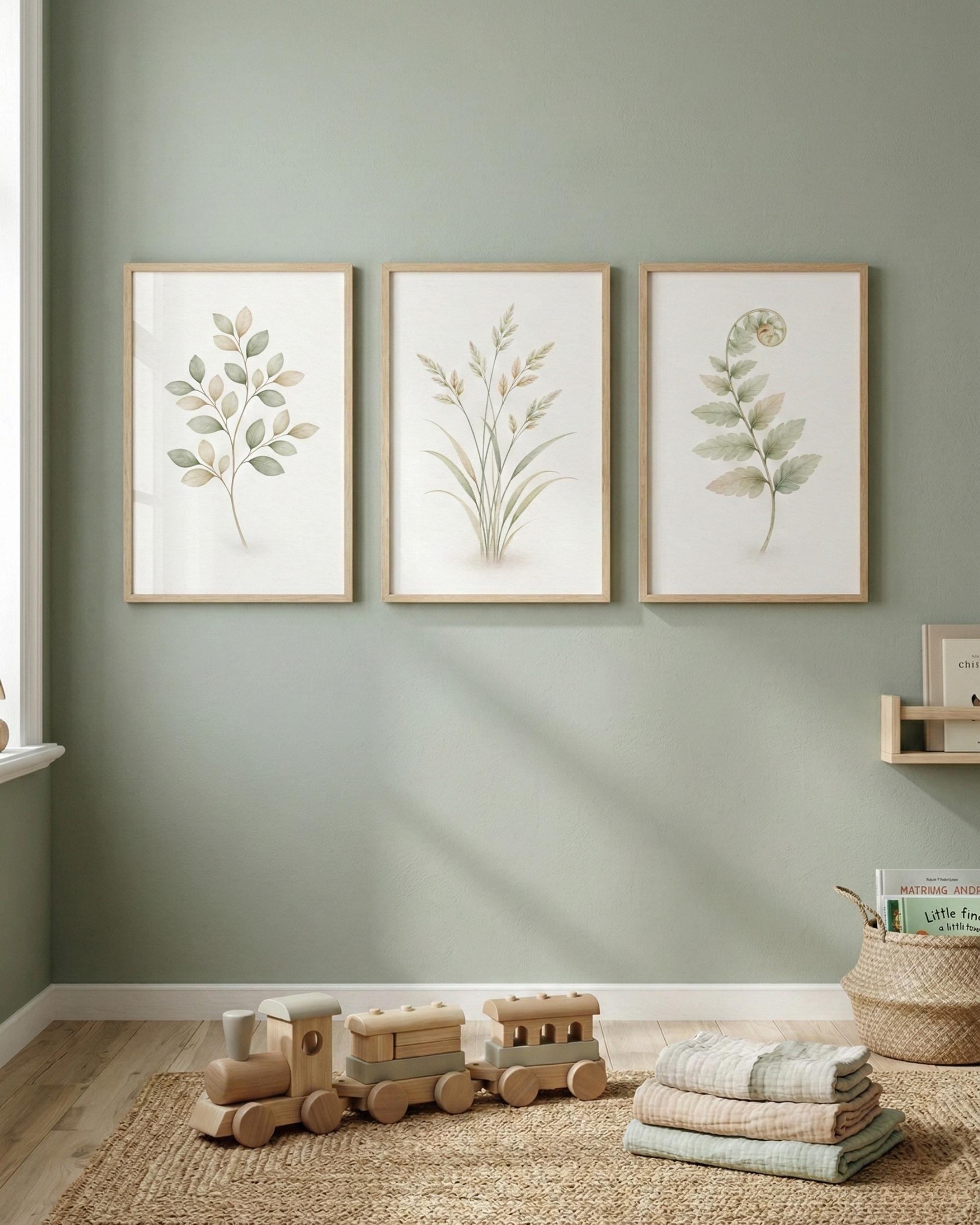 Botanical Wall Art Set of 3, Sage Green Boho Nursery Decor, Watercolor ...