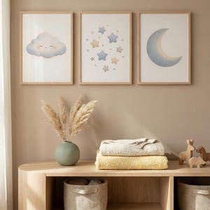 Conjunto de 3 pôsteres celestiais para quarto de bebê | Lua, estrelas e nuvens em aquarela | Arte de parede neutra para quarto de bebê | Decoração digital para quarto de bebê para imprimir