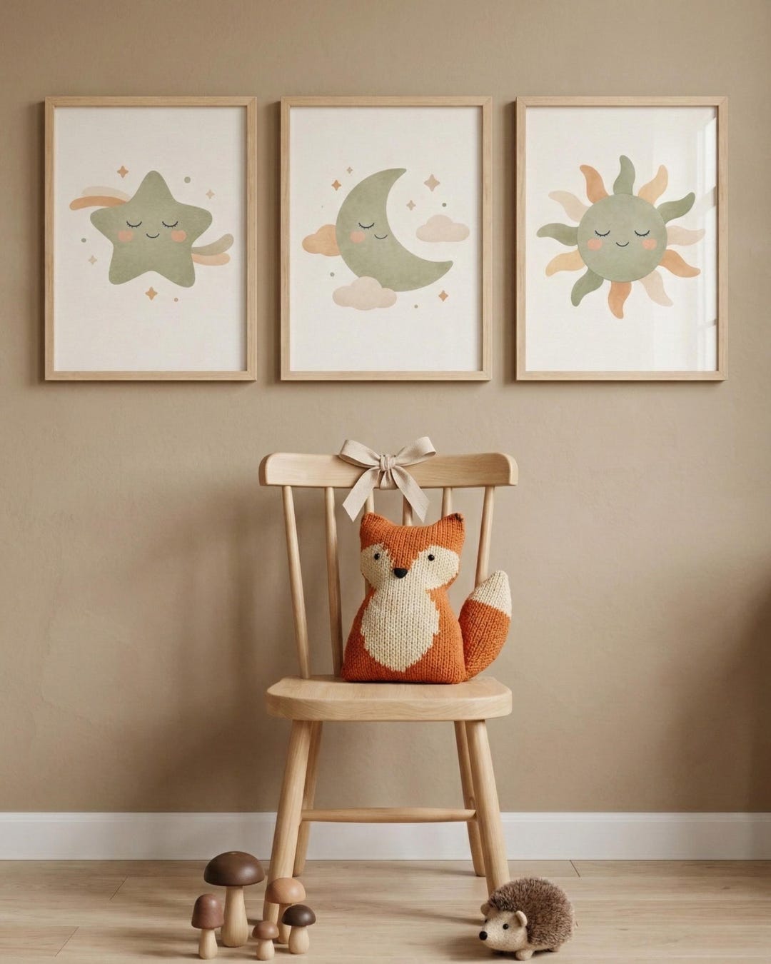 Cute Sun Moon Star Nursery Wall Art Set of 3, Sage Green Celestial ...