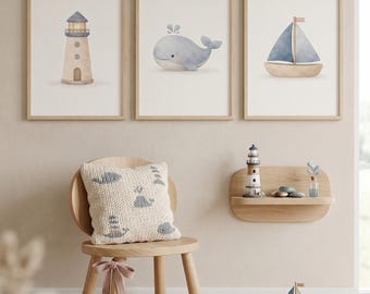 Set di 3 stampe murali nautiche per la cameretta dei bambini, stampe acquerellate con balena blu polverosa e faro a vela, decorazioni per la cameretta dei bambini con tema oceano, download digitale