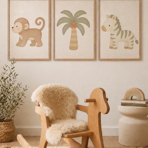 Conjunto de 3 láminas decorativas para la habitación del bebé con temática de safari, estampados de animales de la jungla estilo boho, decoración de monos, cebras y palmeras, habitación infantil neutra, descarga digital.