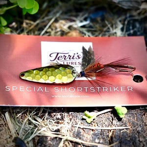 Könnte beinhalten: Ein goldfarbener, gehämmerter Metall-Angelköder in Tropfenform, befestigt an einem dunkelbraunen Federhaken. Der Köder ist auf einer Markenkarte mit der Aufschrift Terri's Lures Special Shortstriker und der Website www.terrislures.com montiert.
