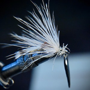 May include: A close-up of a fishing fly, showing its intricate design. The fly has white, feathery elements and a dark hook. It's attached to a black metal tool, set against a dark backdrop. Ideal for fly fishing.