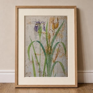 Può includere: Una stampa botanica incorniciata raffigurante un iris viola e fiori gialli con lunghe foglie verdi su uno sfondo strutturato e usurato. L'opera è racchiusa in una cornice di legno chiaro con un ampio bordo passe-partout color bianco sporco.