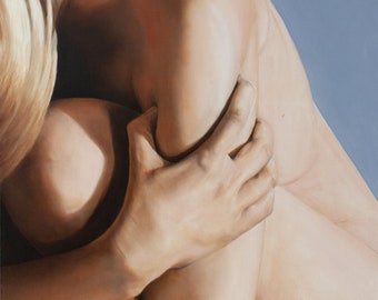 Just a detail - Oil painting - naked blonde woman squatting