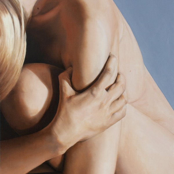 Slechts een detail - Olieverfschilderij - naakte blonde vrouw hurkend