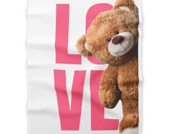 Manta con diseño de osito de peluche LOVE / Manta de forro polar Sherpa
