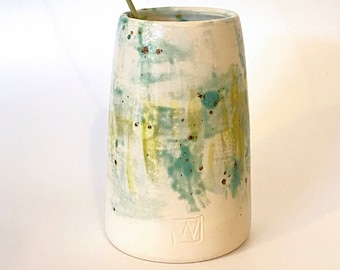 Wheel thrown individual small ceramic vase, hand glazed in shades of green