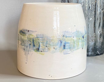 Ceramic wheel thrown decorative pot, with organic hand painted design in shades of blues and grey. Made in Norfolk