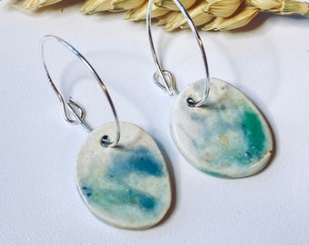 One-off ceramic drop earrings - handmade sterling silver drop design, inspired by the sea
