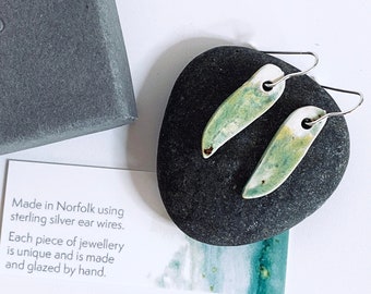 Sterling silver and hand glazed ceramic drop earrings, made in Norfolk