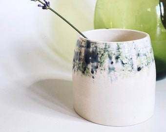 Ceramic planter, with organic hand painted design in green in inky blue. Made in Norfolk