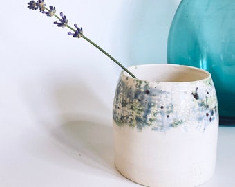 Wheel thrown ceramic planter, with organic hand painted design in green in inky blue. Made in Norfolk