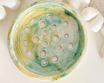 Small wheel thrown sea spray ceramic decorative soap dish in shades of green and gold