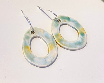 Exclusive one-off artistic ceramic drop earrings- handmade sterling silver glazed by handin blue, green with a touch of mustard