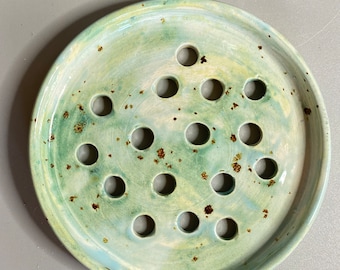 Wheel thrown ceramic large decorative soap dish hand glazed in greens and copper speckles