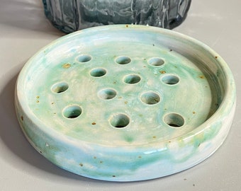 Wheel thrown ceramic  decorative soap dish in shades of green and turquoise