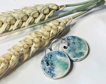 Sterling silver & hand glazed ceramic blue drop earrings - made in Norfolk