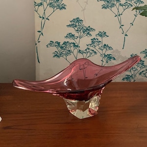 Large Murano Glass  Bowl - Pink Glass with clear stand - Mid Century